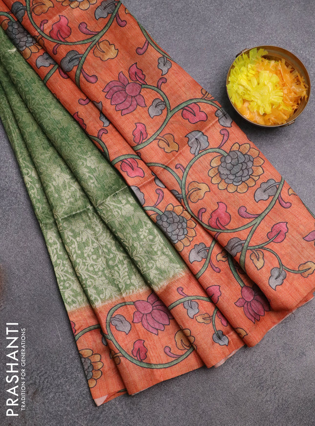 Semi jute silk saree green and orange with allover zari woven brocade weaves and kalamkari printed pallu