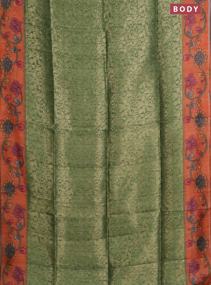 Semi jute silk saree green and orange with allover zari woven brocade weaves and kalamkari printed pallu