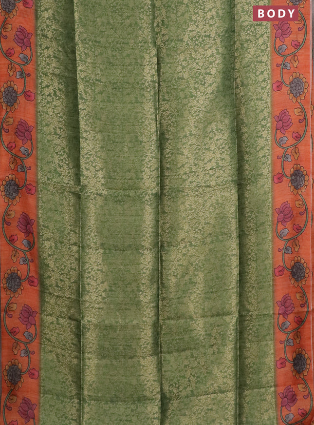 Semi jute silk saree green and orange with allover zari woven brocade weaves and kalamkari printed pallu