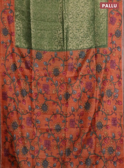 Semi jute silk saree green and orange with allover zari woven brocade weaves and kalamkari printed pallu