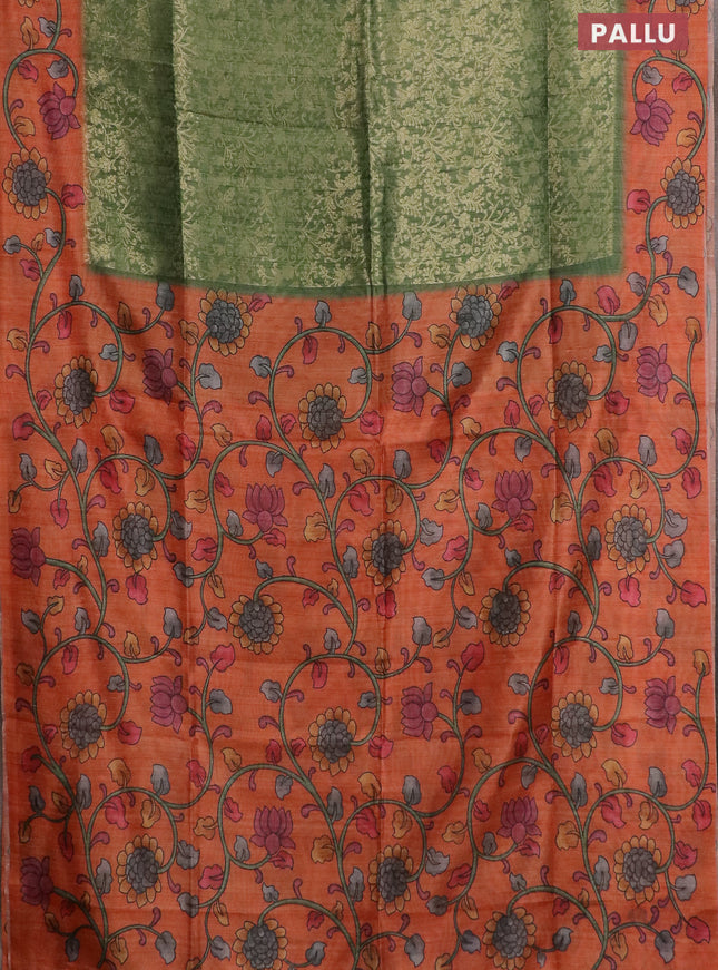 Semi jute silk saree green and orange with allover zari woven brocade weaves and kalamkari printed pallu