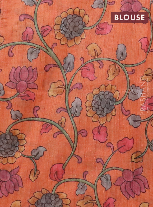 Semi jute silk saree green and orange with allover zari woven brocade weaves and kalamkari printed pallu