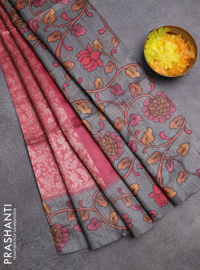 Semi jute silk saree maroon and grey with allover zari woven brocade weaves and kalamkari printed pallu