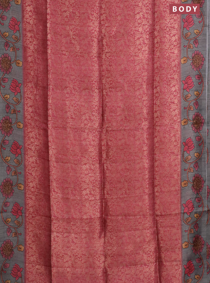 Semi jute silk saree maroon and grey with allover zari woven brocade weaves and kalamkari printed pallu