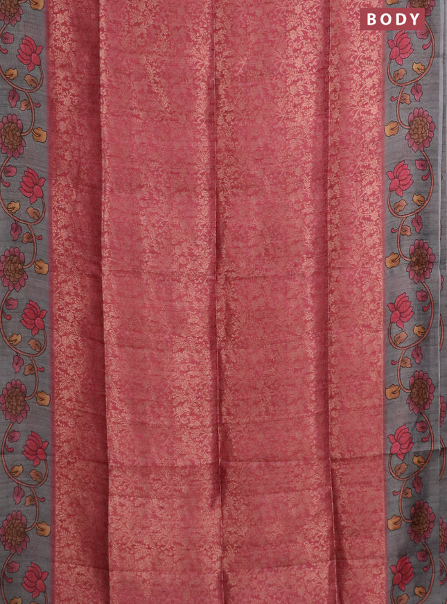 Semi jute silk saree maroon and grey with allover zari woven brocade weaves and kalamkari printed pallu