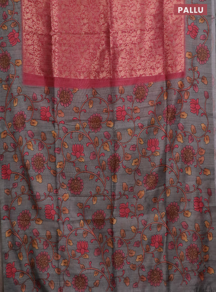 Semi jute silk saree maroon and grey with allover zari woven brocade weaves and kalamkari printed pallu