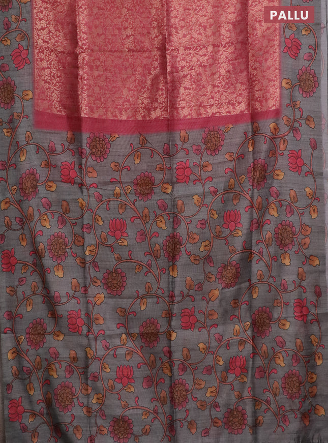 Semi jute silk saree maroon and grey with allover zari woven brocade weaves and kalamkari printed pallu