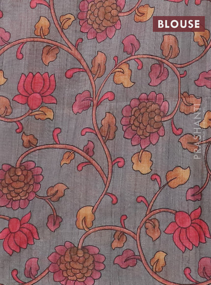 Semi jute silk saree maroon and grey with allover zari woven brocade weaves and kalamkari printed pallu