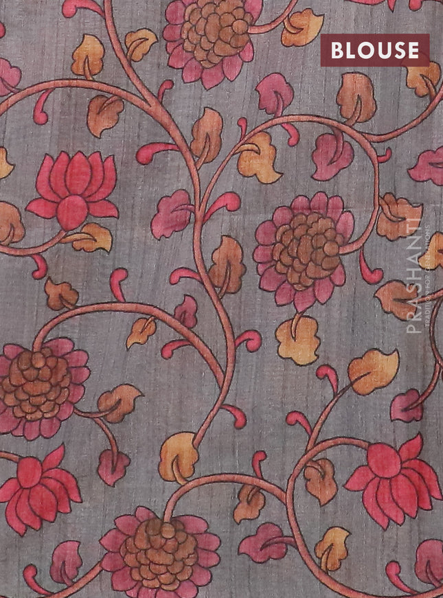 Semi jute silk saree maroon and grey with allover zari woven brocade weaves and kalamkari printed pallu