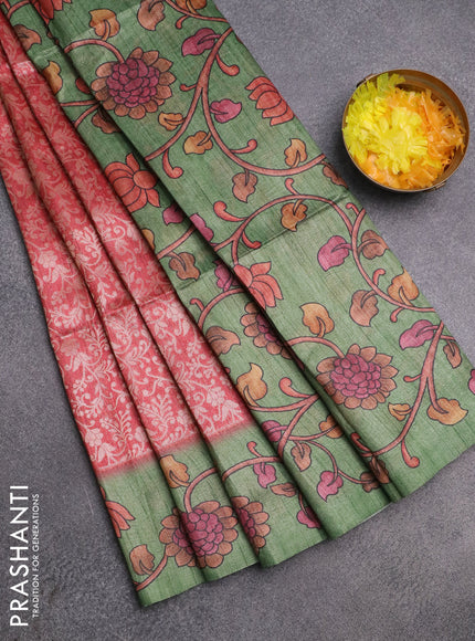 Semi jute silk saree maroon shade and green with allover zari woven brocade weaves and kalamkari printed pallu