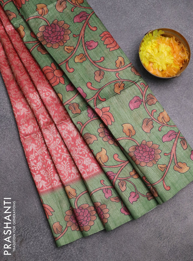 Semi jute silk saree maroon shade and green with allover zari woven brocade weaves and kalamkari printed pallu