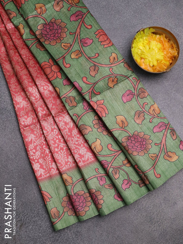 Semi jute silk saree maroon shade and green with allover zari woven brocade weaves and kalamkari printed pallu