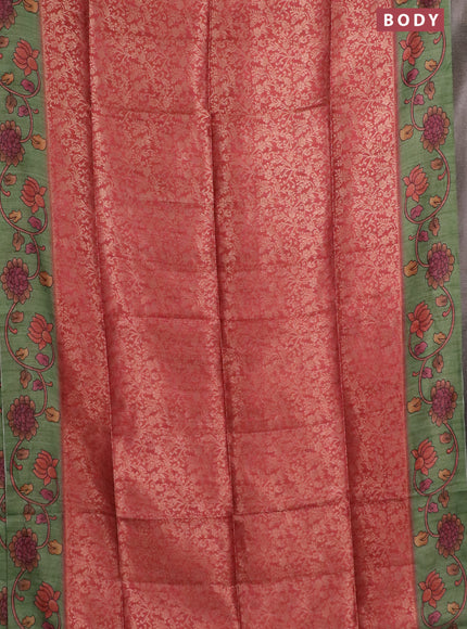Semi jute silk saree maroon shade and green with allover zari woven brocade weaves and kalamkari printed pallu