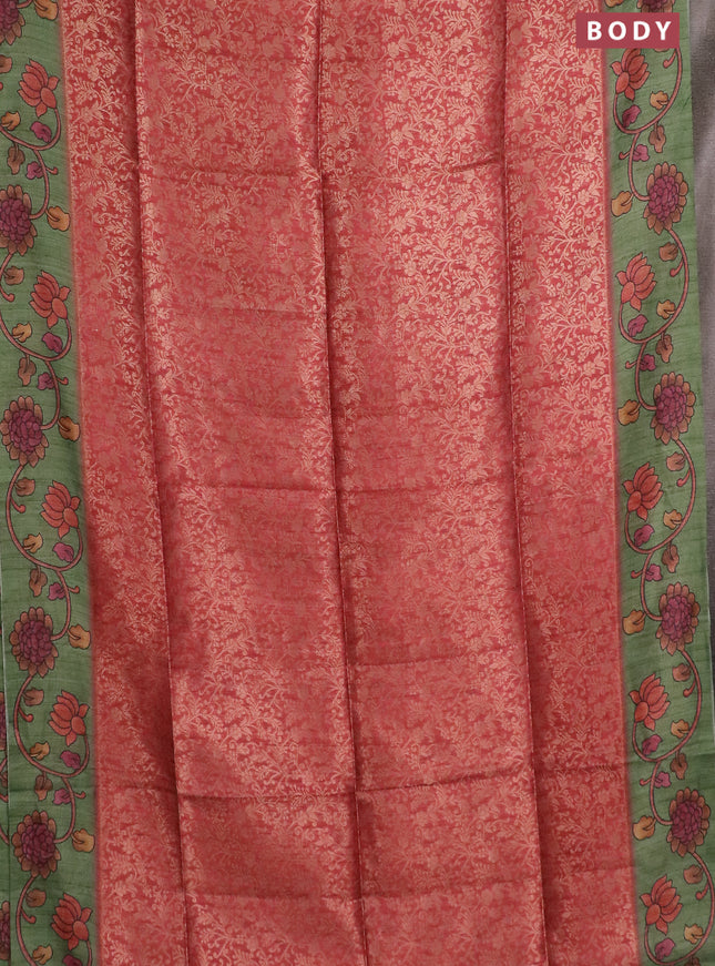 Semi jute silk saree maroon shade and green with allover zari woven brocade weaves and kalamkari printed pallu