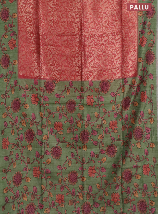 Semi jute silk saree maroon shade and green with allover zari woven brocade weaves and kalamkari printed pallu