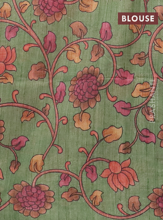 Semi jute silk saree maroon shade and green with allover zari woven brocade weaves and kalamkari printed pallu