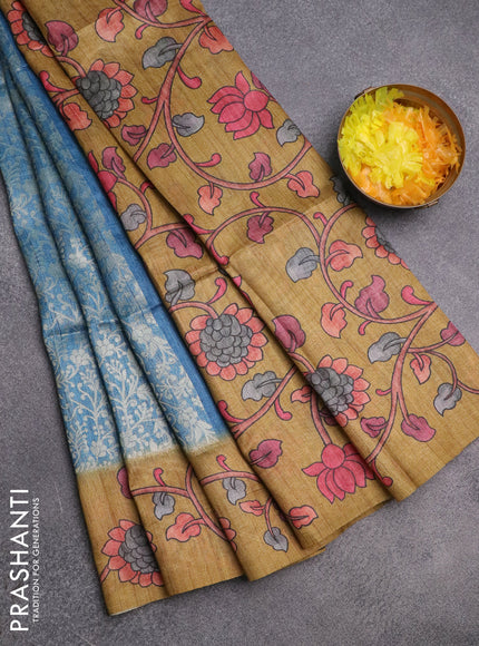 Semi jute silk saree bluish grey and mustard yellow with allover zari woven brocade weaves and kalamkari printed pallu