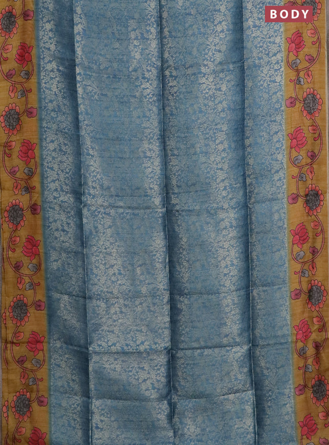 Semi jute silk saree bluish grey and mustard yellow with allover zari woven brocade weaves and kalamkari printed pallu