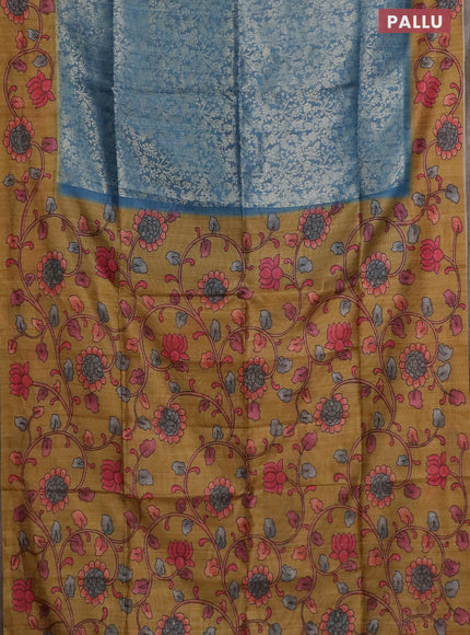 Semi jute silk saree bluish grey and mustard yellow with allover zari woven brocade weaves and kalamkari printed pallu