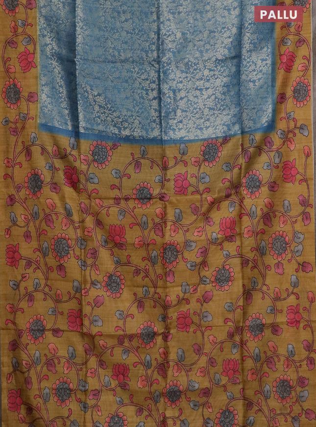 Semi jute silk saree bluish grey and mustard yellow with allover zari woven brocade weaves and kalamkari printed pallu