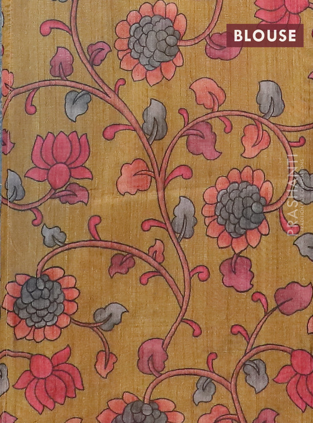 Semi jute silk saree bluish grey and mustard yellow with allover zari woven brocade weaves and kalamkari printed pallu