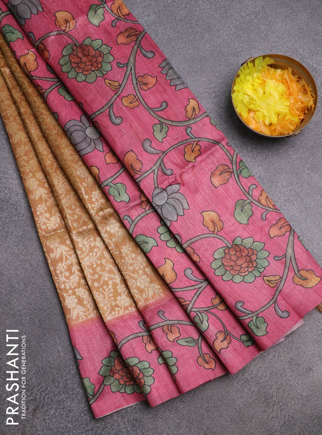 Semi jute silk saree dark mustard and pink with allover zari woven brocade weaves and kalamkari printed pallu