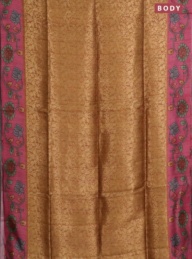 Semi jute silk saree dark mustard and pink with allover zari woven brocade weaves and kalamkari printed pallu