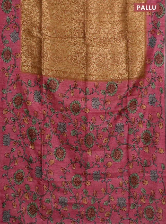 Semi jute silk saree dark mustard and pink with allover zari woven brocade weaves and kalamkari printed pallu