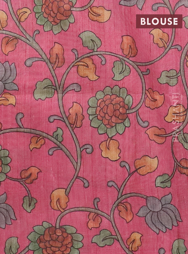 Semi jute silk saree dark mustard and pink with allover zari woven brocade weaves and kalamkari printed pallu