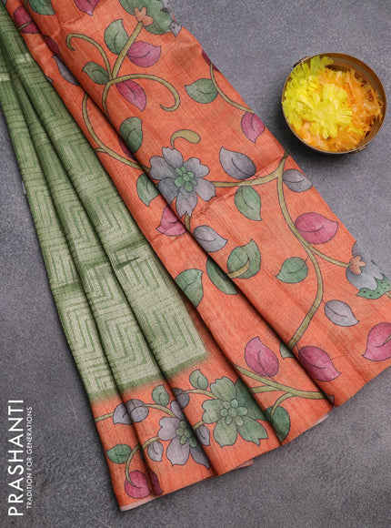 Semi jute silk saree green and orange with allover zari woven brocade weaves and kalamkari printed pallu