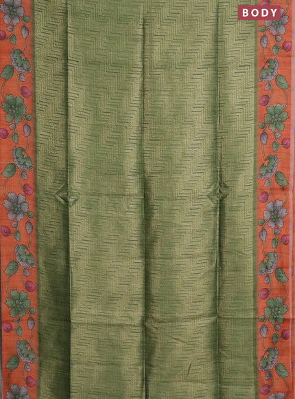 Semi jute silk saree green and orange with allover zari woven brocade weaves and kalamkari printed pallu