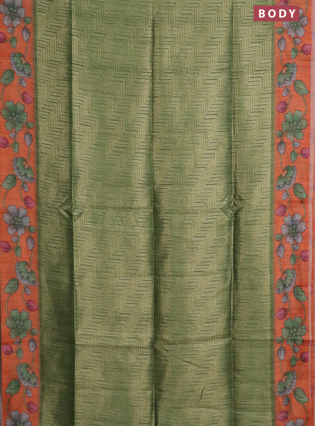 Semi jute silk saree green and orange with allover zari woven brocade weaves and kalamkari printed pallu