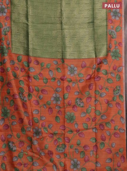 Semi jute silk saree green and orange with allover zari woven brocade weaves and kalamkari printed pallu