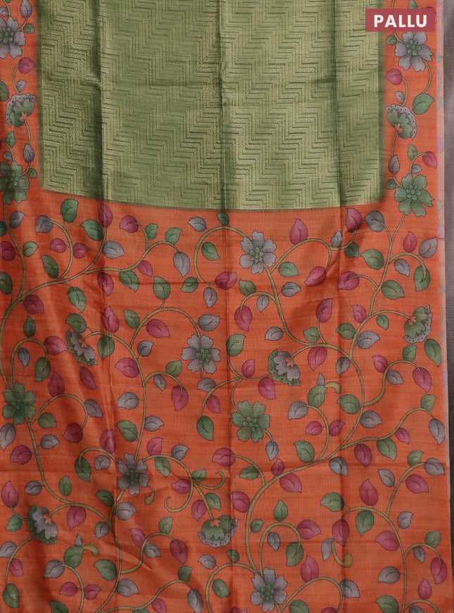 Semi jute silk saree green and orange with allover zari woven brocade weaves and kalamkari printed pallu
