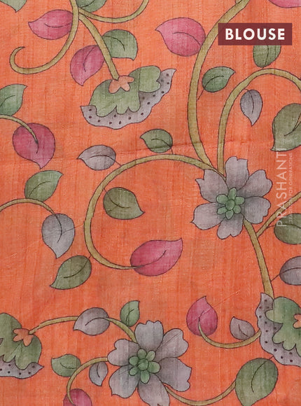 Semi jute silk saree green and orange with allover zari woven brocade weaves and kalamkari printed pallu