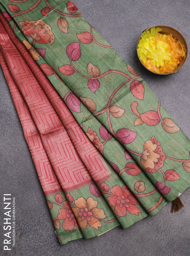 Semi jute silk saree maroon shade and green with allover zari woven brocade weaves and kalamkari printed pallu