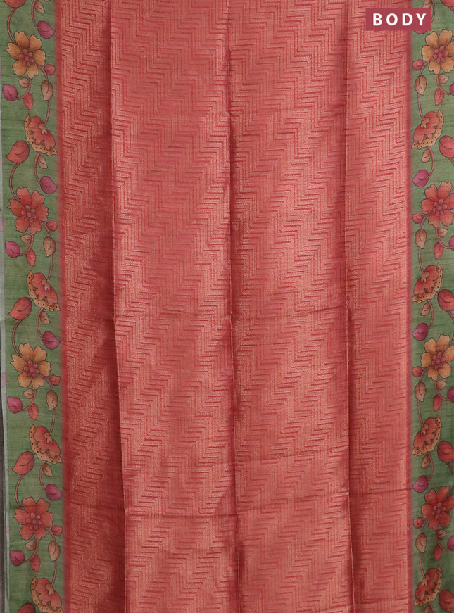 Semi jute silk saree maroon shade and green with allover zari woven brocade weaves and kalamkari printed pallu