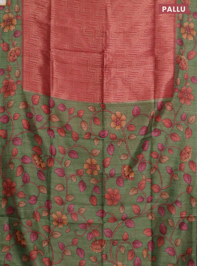 Semi jute silk saree maroon shade and green with allover zari woven brocade weaves and kalamkari printed pallu