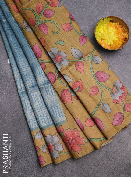 Semi jute silk saree bluish grey and mustard yellow with allover zari woven brocade weaves and kalamkari printed pallu