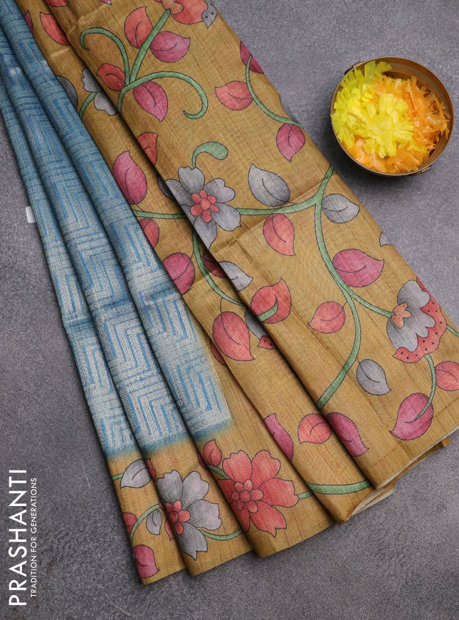 Semi jute silk saree bluish grey and mustard yellow with allover zari woven brocade weaves and kalamkari printed pallu