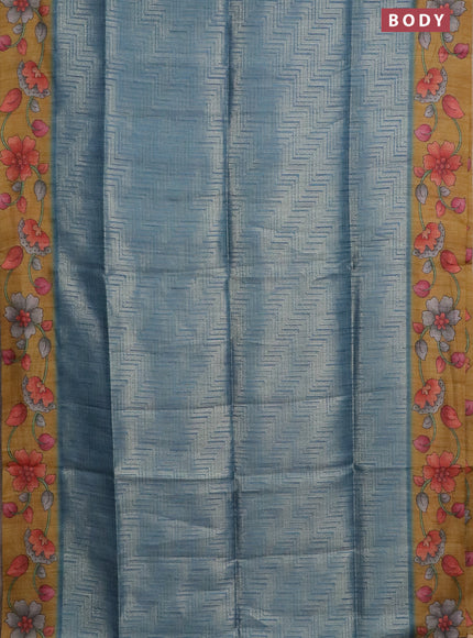 Semi jute silk saree bluish grey and mustard yellow with allover zari woven brocade weaves and kalamkari printed pallu