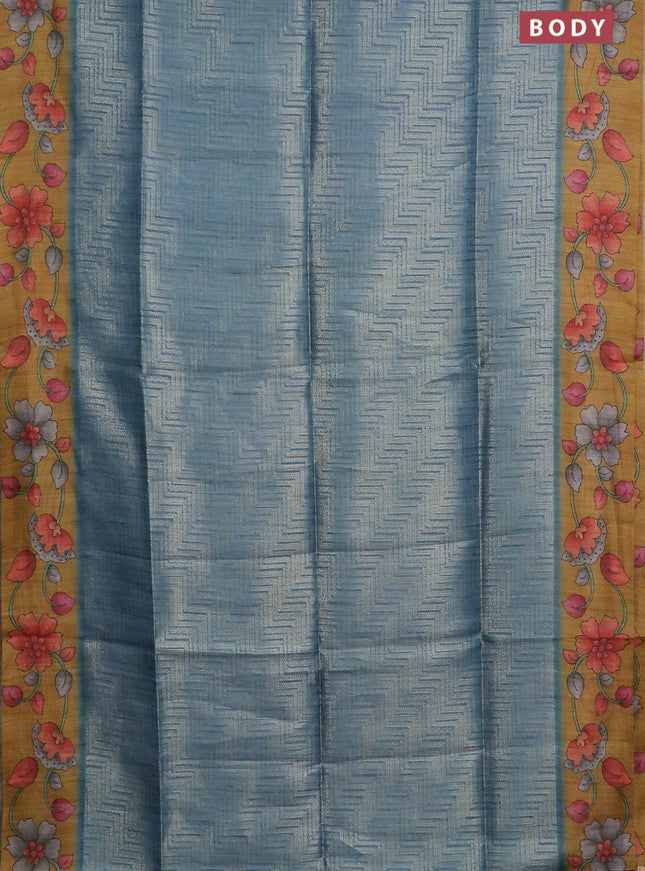 Semi jute silk saree bluish grey and mustard yellow with allover zari woven brocade weaves and kalamkari printed pallu
