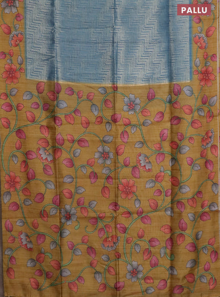 Semi jute silk saree bluish grey and mustard yellow with allover zari woven brocade weaves and kalamkari printed pallu