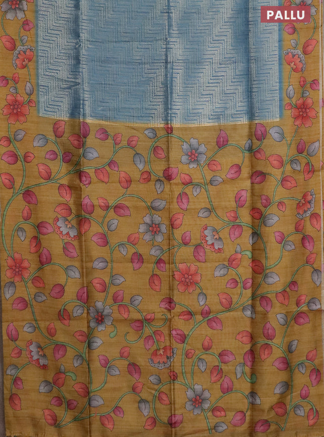 Semi jute silk saree bluish grey and mustard yellow with allover zari woven brocade weaves and kalamkari printed pallu