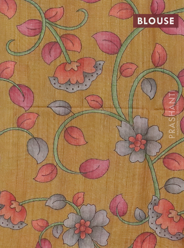 Semi jute silk saree bluish grey and mustard yellow with allover zari woven brocade weaves and kalamkari printed pallu