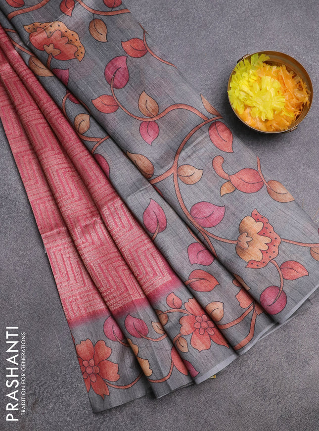 Semi jute silk saree maroon and grey with allover zari woven brocade weaves and kalamkari printed pallu
