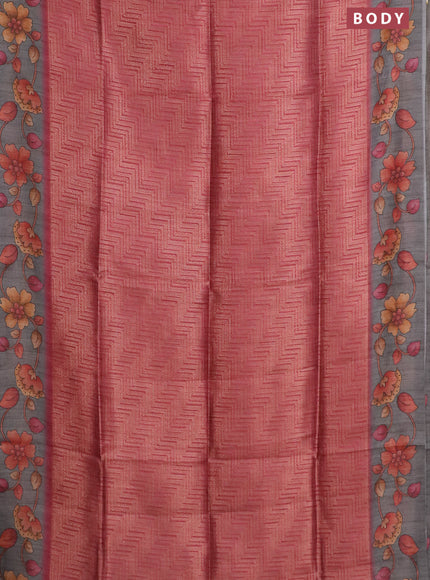 Semi jute silk saree maroon and grey with allover zari woven brocade weaves and kalamkari printed pallu