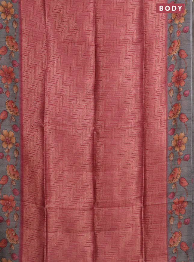 Semi jute silk saree maroon and grey with allover zari woven brocade weaves and kalamkari printed pallu