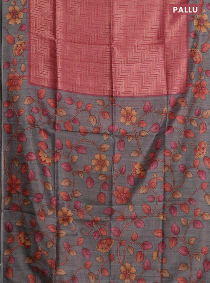 Semi jute silk saree maroon and grey with allover zari woven brocade weaves and kalamkari printed pallu