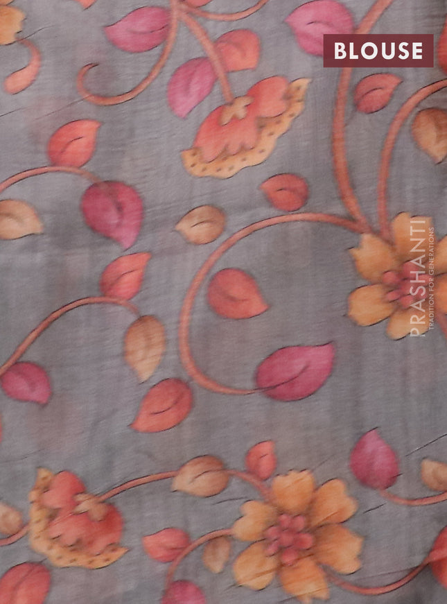 Semi jute silk saree maroon and grey with allover zari woven brocade weaves and kalamkari printed pallu